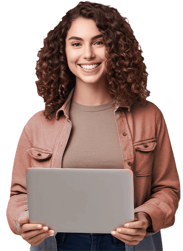 Woman smiling and holding a laptop, representing SEO expert consultation.
