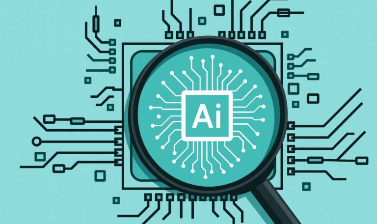 AI SEO for small businesses illustrated as a magnifying glass analyzing an AI microchip