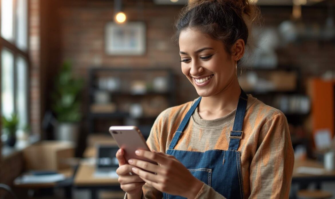Small business owner in Houston sending a Google review request by text
