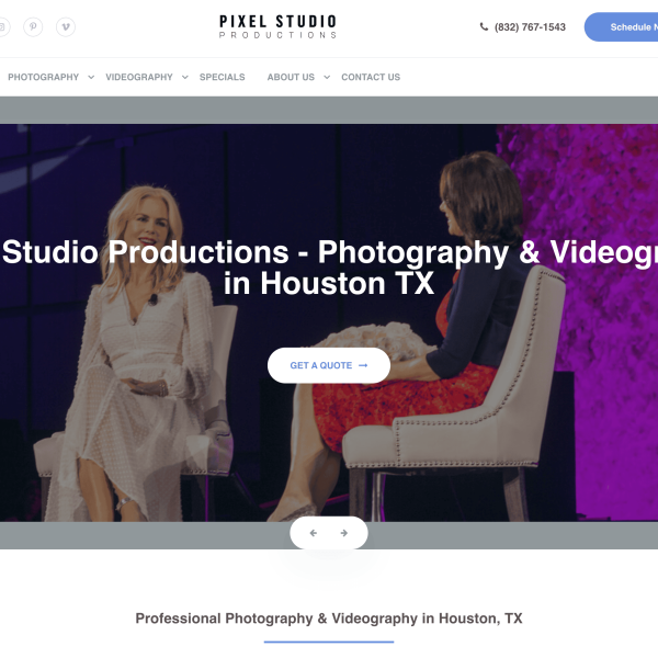 Pixel Studio Productions SEO portfolio example showcasing a website redesign for a Houston photography company